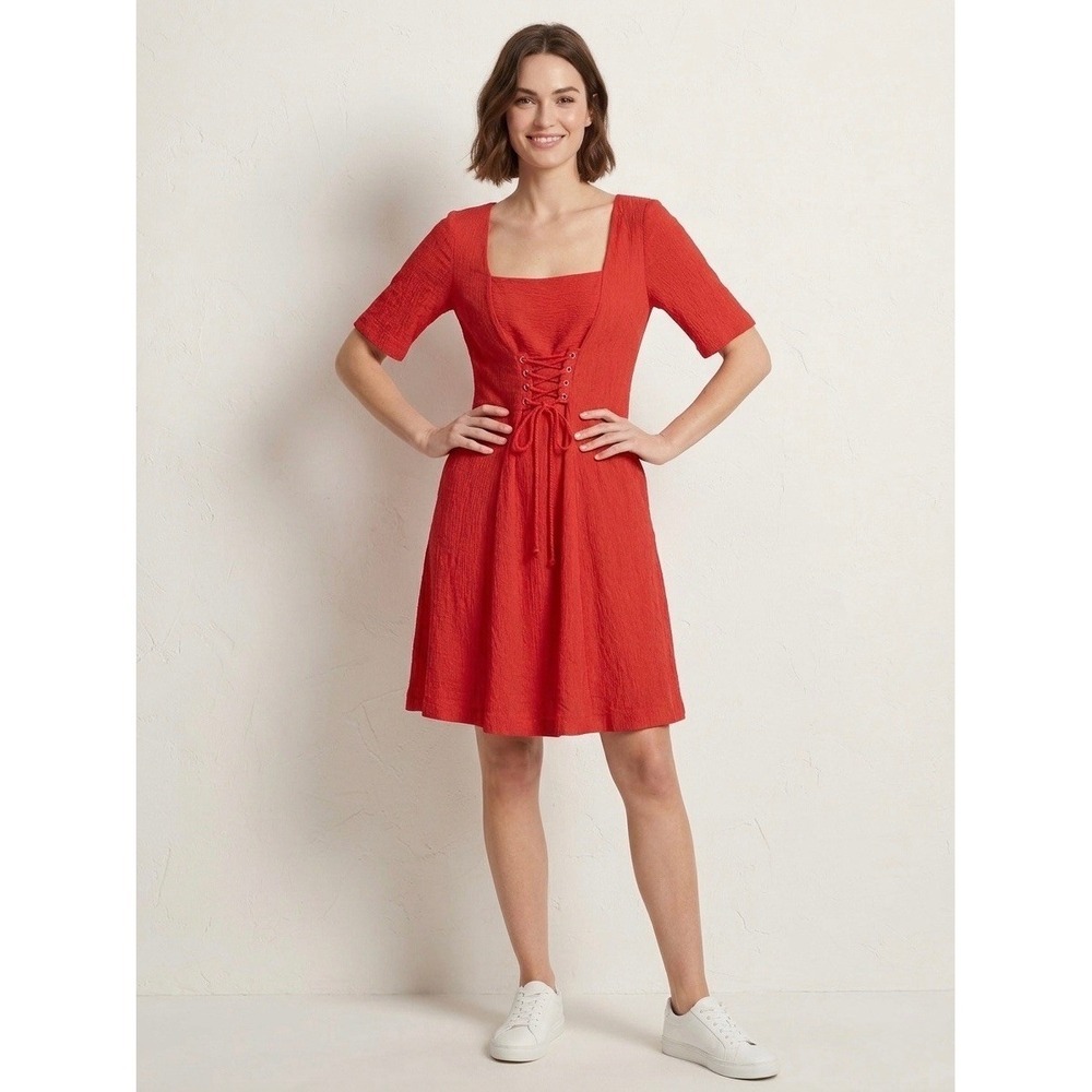 Maeve Anthropologie Red Lace Up Corset Front Mini Dress Square Neck Size 6